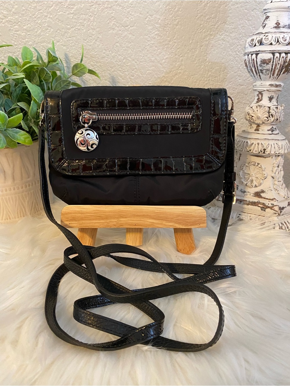 Brighton Black Crossbody with Croc-Trim and Silver Charm - small